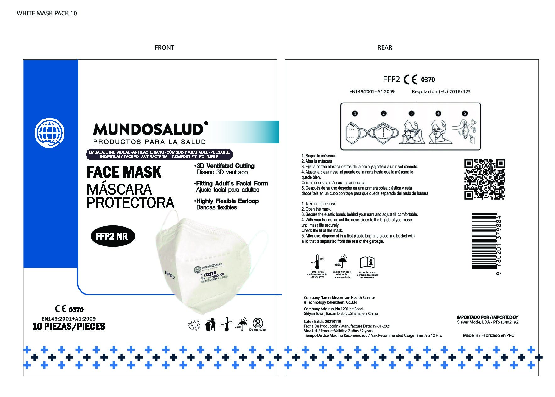 MASCARILLA FFP2 FILTRANTE - NR ADULTO BLANCA (10 unid.) MUNDOSALUD